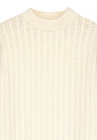 Cable-knit sweater in cream, featuring a high, ribbed round neckline. The texture includes raised, intertwining patterns throughout.