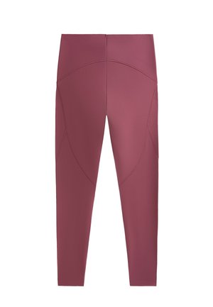 Leggings bordeaux à texture lisse, dotés d'une taille haute et de coutures courbées le long des côtés pour un design approfondi.