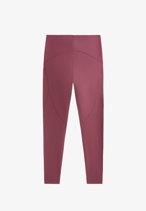 Leggings bordeaux à texture lisse, dotés d'une taille haute et de coutures courbées le long des côtés pour un design approfondi.
