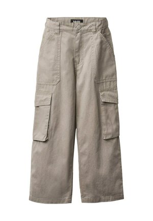 Khaki cargobroek met een ontspannen pasvorm, voorzien van meerdere zijzakken, een knoopsluiting en gestikte details. Gemaakt van duurzame stof.