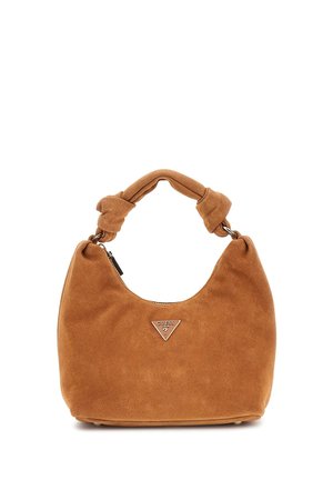 Hobo bag made of soft tan suede with a knotted handle, featuring a silver triangular logo and a zippered top closure.