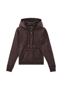 Bruine velours zip-up hoodie met een voorkantzak, capuchon met trekkoord, gouden hardware accenten en een klein logo op de linkerborst.