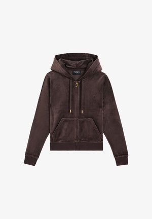 Braune Velours-Zip-Hoodie mit einer Fronttasche, Kapuze mit Kordelzug, goldenen Hardware-Akzenten und einem kleinen Logo im linken Brustbereich.
