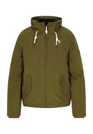 Olive green jacket with a hood, featuring dual front pockets, elastic hem, and drawstring accents. Smooth texture and a zip closure.