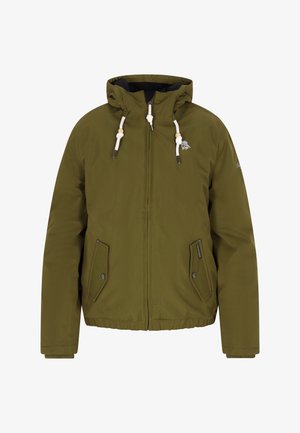 Olīvzaļš džemperis ar kapuci, ar divām priekšējām kabatām, elastīgu apakšmali un aukliņu akcentiem. Gluda tekstūra un rāvējslēdzēja aizdare.