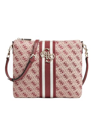 Torebka na ramię z materiału w bordowy i beżowy wzór, z centralnym bordowo-białym pionowym paskiem oraz złotym logo.