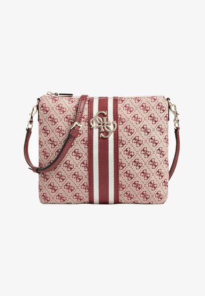 Schoudertas met bordeauxrode en beige stof met patroon, voorzien van een centrale bordeauxrode en witte verticale streep en goudkleurig logo-sieraad.