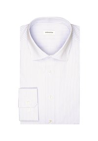 Camicia bianca con sottili righe blu, colletto con bottoni e polsini semplici. Il tessuto appare liscio con una leggera lucentezza. Etichetta visibile all'interno del colletto.