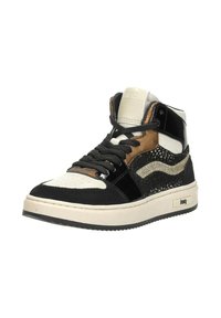 High-top sneakers met een zwart, wit en bruin kleurenschema; gemaakt van suede en gepatenteerd leer; kenmerkende glinsteraccenten; gestructureerde zool.