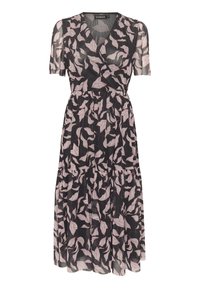 Schwarzes Kleid mit kurzen Ärmeln, das ein Wickeldesign, eine geraffte Taille und einen schichtweisen Rock aufweist. Mit einem rosa Blättermuster dekoriert.
