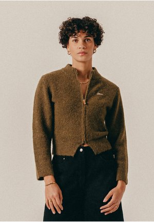 Personne aux cheveux courts et bouclés portant un pull zippé brun duveteux, un pantalon noir, des boucles d'oreilles créoles dorées et des bijoux dorés simples sur un fond uni.