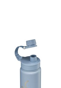 Light blue stainless steel water bottle with a screw-on lid and a curved handle. Features a small opening for drinking and an embossed design.