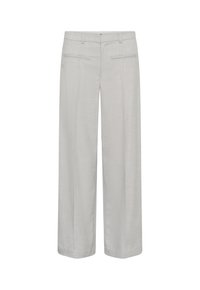 Világosszürke, egyenes szárú, szabott nadrág, övhurkokkal és két vízszintes sliccelt zsebbel az elülső derékrészen.