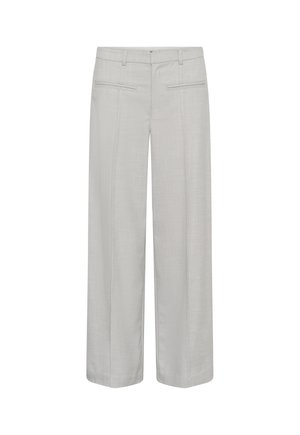 Svijetlosive hlače po mjeri s ravnim nogavicama, petljama za remen i dva horizontalna džepa na prednjem struku.