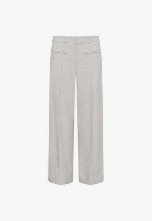 Világosszürke, egyenes szárú, szabott nadrág, övhurkokkal és két vízszintes sliccelt zsebbel az elülső derékrészen.