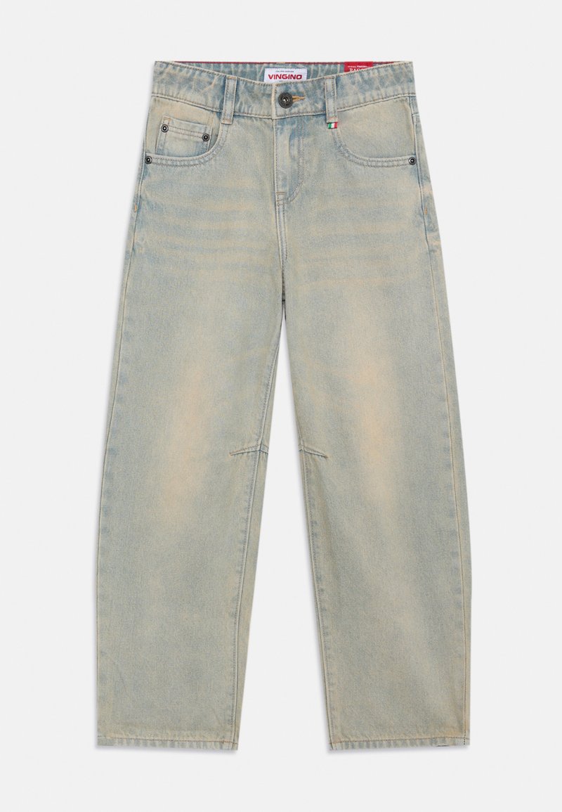 Calças de ganga azul claro com um design de perna reta, cinco bolsos e costura em contraste. Apresenta um fecho de botão e zíper.