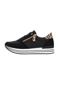Black sneaker with a mix of smooth and suede textures, gold zipper accent, leopard print heel tab, and white striped sole.