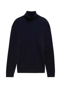 Granatowy sweter typu golf wykonaný z miękkiego dzianiny; posiada długie rękawy oraz luźny krój z prążkowanym kołnierzem i dołem.