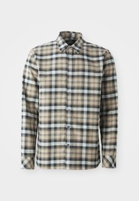 Beige plaid shirt featuring blue and black checks, button-down collar, long sleeves, and a front button closure. Fabric appears textured.