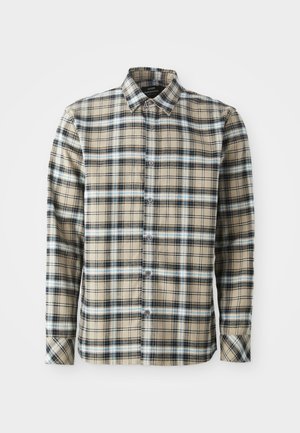 Beige geruite shirt met blauwe en zwarte ruiten, met een knoopsluiting kraag, lange mouwen en een knoopsluiting aan de voorkant. Stof lijkt textuur te hebben.