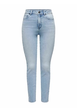 Hellblaue, hochtaillierte Skinny-Jeans mit Knopf- und Reißverschluss vorne, Vordertaschen und leichter Ausbleichung an Oberschenkeln und Knien.