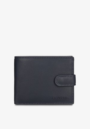 Marineblauwe leren portemonnee met een gladde textuur, rechthoekige vorm en een voorste druksluiting. Voorzien van contrasterende stiksels en een gegraveerd logo.