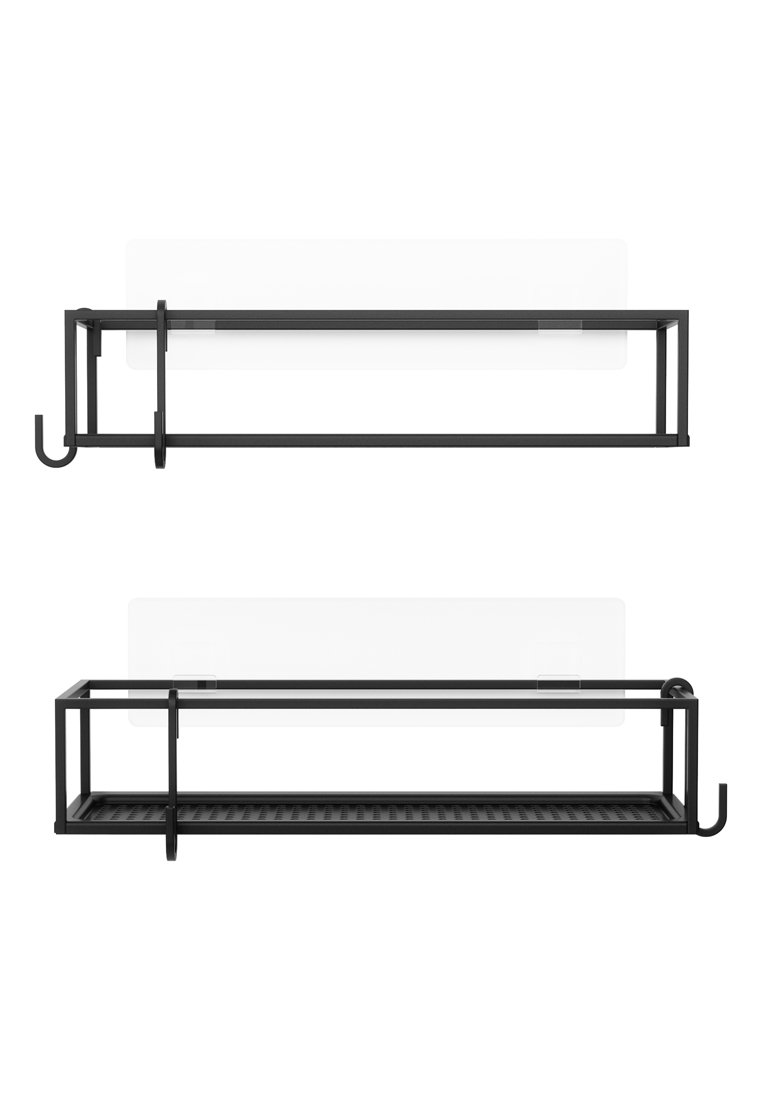 Czarna metalowa półka o minimalistycznym designie. Charakteryzuje się prostokątnym kształtem i przezroczystym tłem, z teksturowanym dnem dla lepszej przyczepności.
