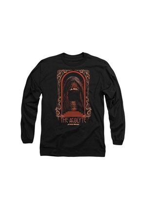 Schwarzes Langarmshirt mit einem orangefarbenen Grafik eines vermummten Figurs in einem kunstvollen Rahmen, versehen mit dem Text "DER AKOLYTE" und "STAR WARS."
