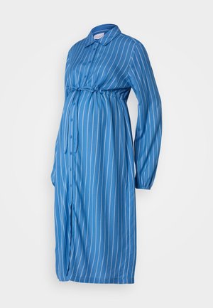 Kék csíkos kismama ruha, hosszú ujjak, gombos elülső rész, megkötős rész a mellek alatt, könnyű anyag, félig laza fazon, ívelt hem.