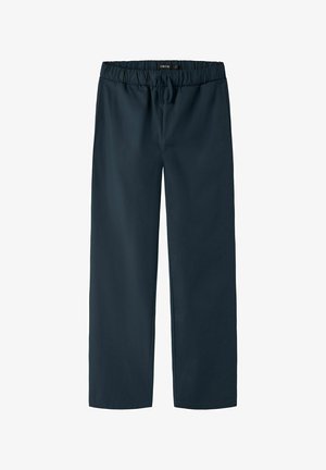 Donkerblauwe broek met rechte pijpen, elastische tailleband en trekkoord, ontworpen voor casual of ontspannen draagstijl.