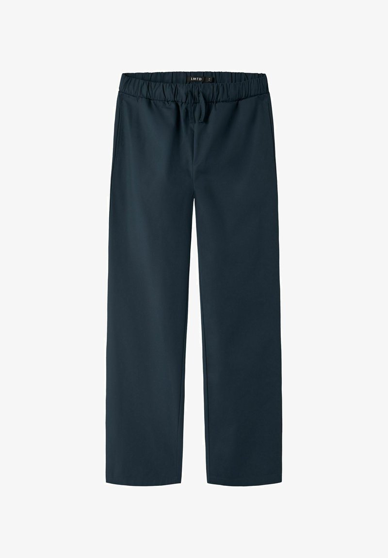 Pantalon bleu foncé à jambes droites avec une taille élastique et un cordon de serrage, conçu pour un usage décontracté ou relax.