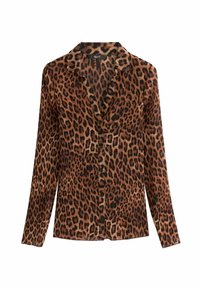 Blusa de estampado de leopardo en marrón y negro, mangas largas, con cuello, cierre de botones al frente con tejido texturizado, presenta costillas verticales.