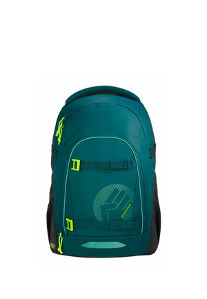 Sac à dos bleu sarcelle et noir avec une poche frontale, deux sangles réglables avec boucles jaunes néon et tirettes de fermeture éclair jaunes néon, marqué du logo « coocazoo ».