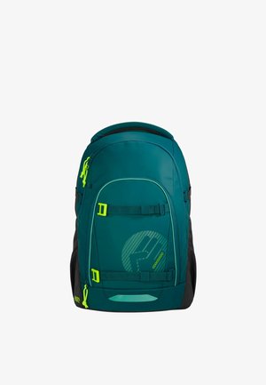 Sac à dos bleu sarcelle et noir avec une poche frontale, deux sangles réglables avec boucles jaunes néon et tirettes de fermeture éclair jaunes néon, marqué du logo « coocazoo ».