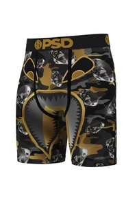 Black and gold camo boxer briefs with large shark face and diamond patterns, black waistband featuring gold PSD logo.