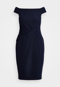 Navy sininen olkaimeton mekko, joka on valmistettu teksturoidusta kankaasta ja jossa on kierretty etuduuni sekä sovitettu siluetti.