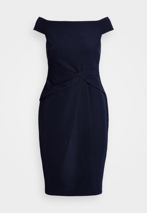 Námořnická modrá šaty bez ramínek vyrobené z texturované tkaniny, s krouceným detailem na přední straně a přiléhavým střihem.