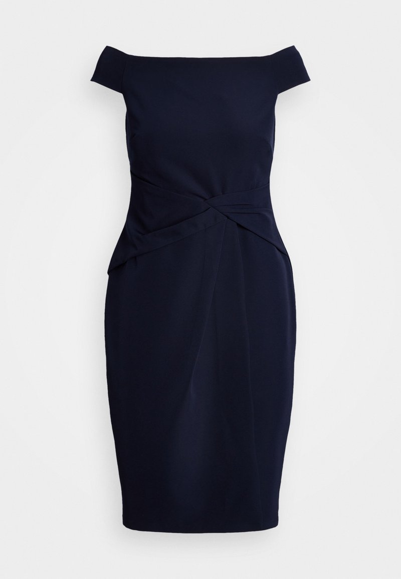 Navy sininen olkaimeton mekko, joka on valmistettu teksturoidusta kankaasta ja jossa on kierretty etuduuni sekä sovitettu siluetti.