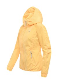 Giacca leggera gialla con cappuccio, zip frontale completa, tasche laterali con zip e polsini aderenti alle maniche.