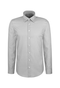 Camicia grigia chiaro a maniche lunghe con bottoni, con un leggero motivo a pois, colletto classico e polsini abbottonati, esposta su uno sfondo bianco.