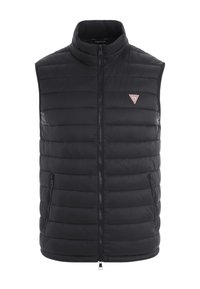 Chaleco acolchado negro con cuello alto, cierre de cremallera y dos bolsillos laterales. Presenta costuras horizontales y un pequeño logo en el pecho.