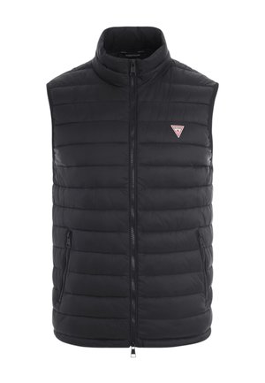 Chaleco acolchado negro con cuello alto, cierre de cremallera y dos bolsillos laterales. Presenta costuras horizontales y un pequeño logo en el pecho.