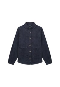Donkerblauwe spijkerjas met een klassieke kraag, knopen aan de voorkant, twee borstzakken en elastische manchetten. Heeft een effen kleur zonder patronen.