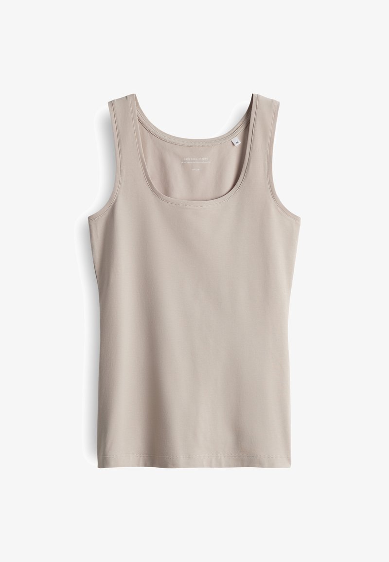 Débardeur beige sans manches avec encolure dégagée, en tissu lisse, présenté à plat sur un fond blanc.