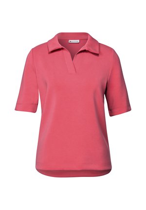 Kortärmad pikétröja i korall, tillverkad av mjuk bomull, med krage och delvis knappslå. Slät textur och avslappnad design.