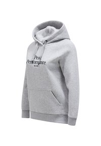 Grå hættejakke lavet af blødt stof med en frontlomme, justerbar snoretræk til hætten og "Peak Performance" logo i sort.