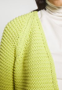 Jasnozielony dziergany kardigan z teksturowanym wzorem, z szerokim kołnierzem, noszony na białej bluzce z golfem.