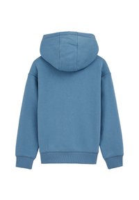 Hanorac cu glugă dintr-un amestec de bumbac de culoare albastru deschis. Prezintă o croială lejeră, manșete ribbate și un buzunar tip kengur. Textură netedă și design simplu.