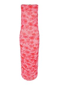 Obleka brez rokavov v roza barvi s rdečimi cvetličnimi motivi in naborki vzdolž krila, oprijeta silhueta in okrogli izrez.