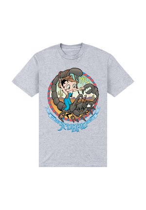 Szara bawełniana koszulka z nadrukiem w postaci rysunku kobiety ze skorpionem i czarnym kotem, otoczona kolorowymi akcentami i tekstem.